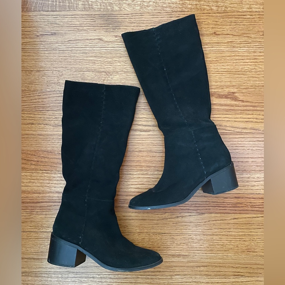 Black suede knee-high boots with block heel